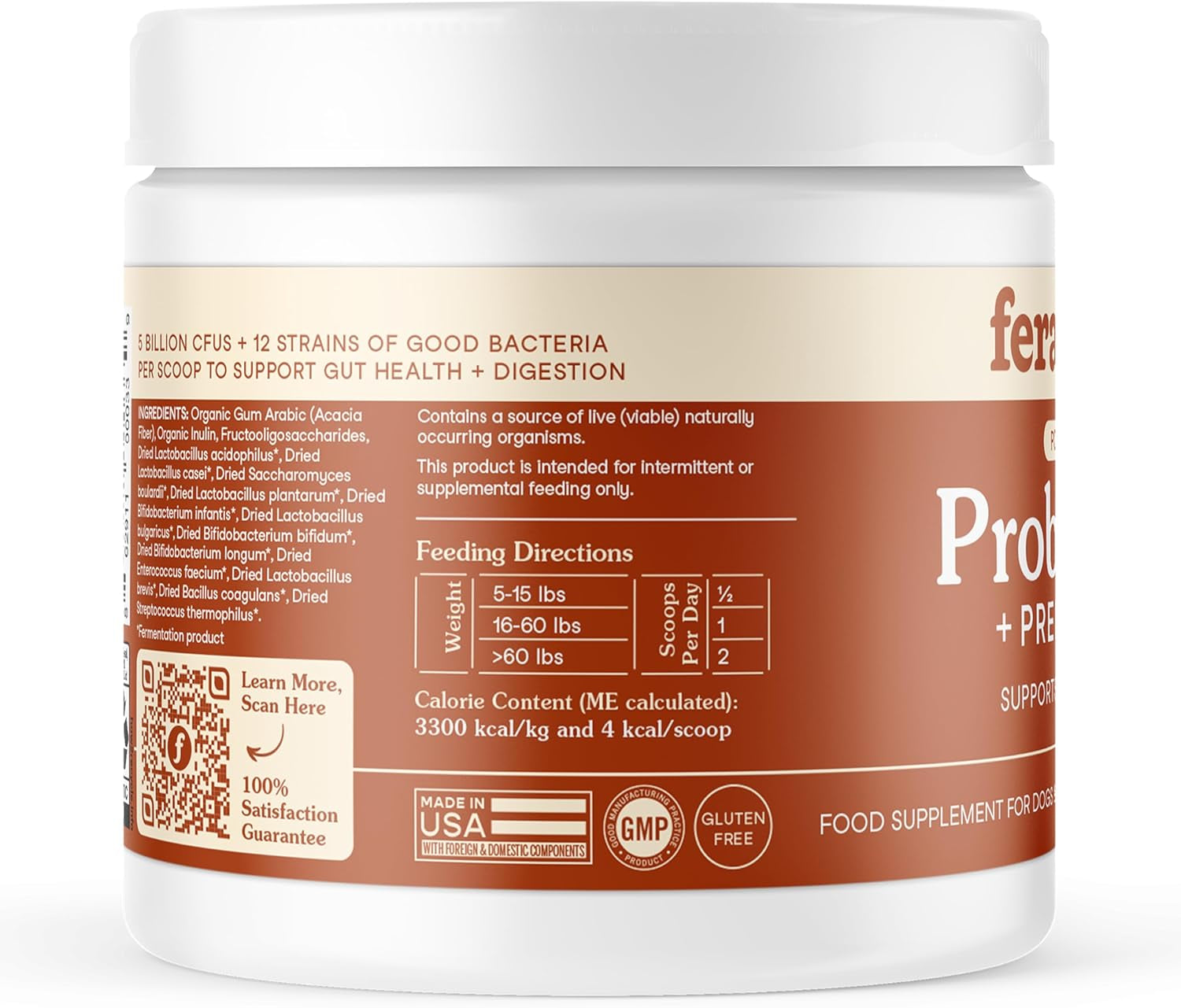 Organic Probiotics for Dogs & Cats with Prebiotics, 60 Scoops | USDA Organic Gut Health Powder Supplement with 12 Strains and 5 Billion Cfus for Immunity, Energy and Skin & Coat Health