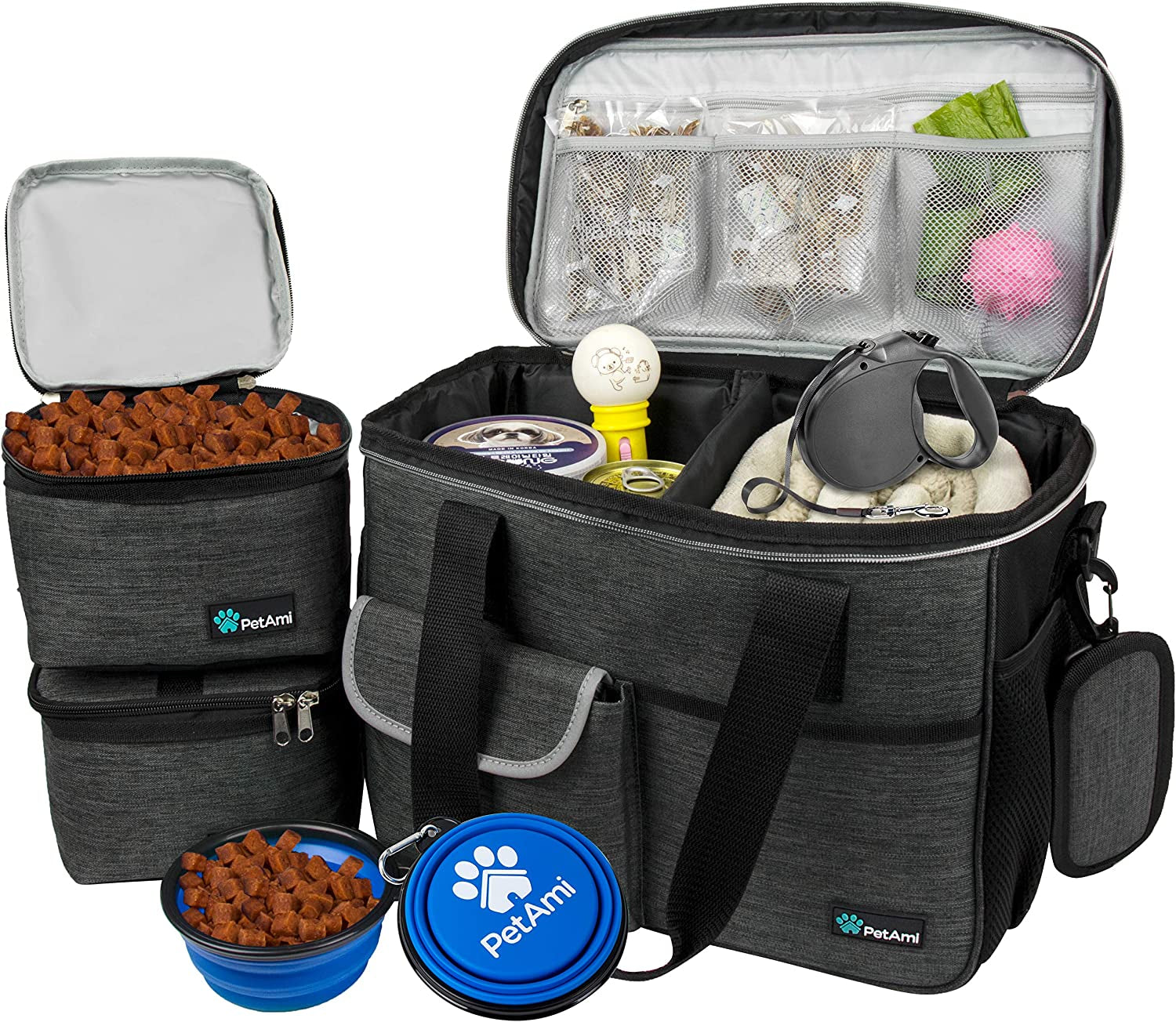 Dog Travel Bag Organizer, Pet Travel Kit with 2 Food Containers & 2 Collapsible Dog Bowls, Pet Supplies Tote with Luggage Sleeve, Weekend Road Trip Camping Essentials, Black, Medium