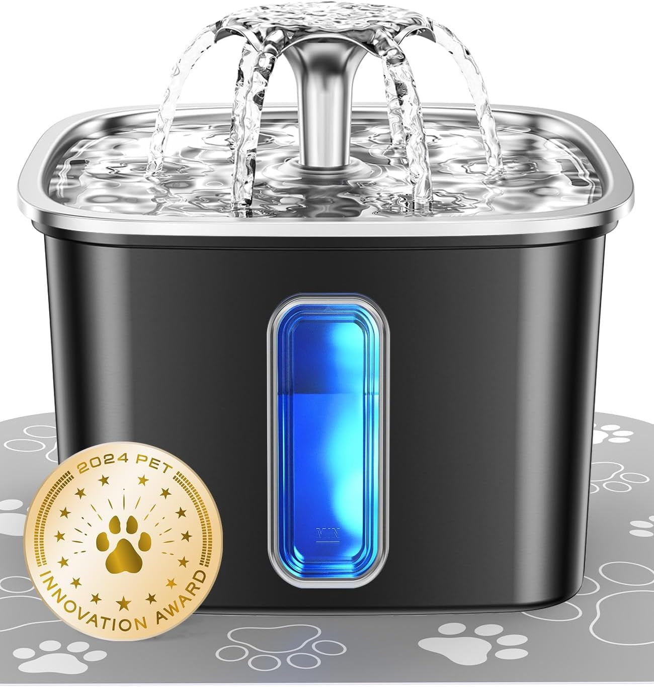 Innovation Award Winner Stainless Steel Cat Water Fountain, 108Oz/3.2L Automatic Pet Fountain Dog Water Dispenser with 3 Replacement Filters & Silicone Mat, Gifts for Cats, Dogs (Silver)