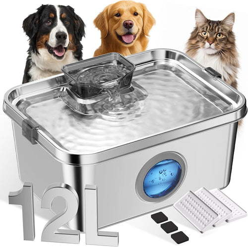 12L Dog Water Fountain, Stainless Steel Pet Water Fountain for Large Dogs Cats Multi-Pet Home, Quiet Dog Fountain Water Bowl with 3 Filters, Visible Window, Wide Deeper Drinking Area, Easy to Clean
