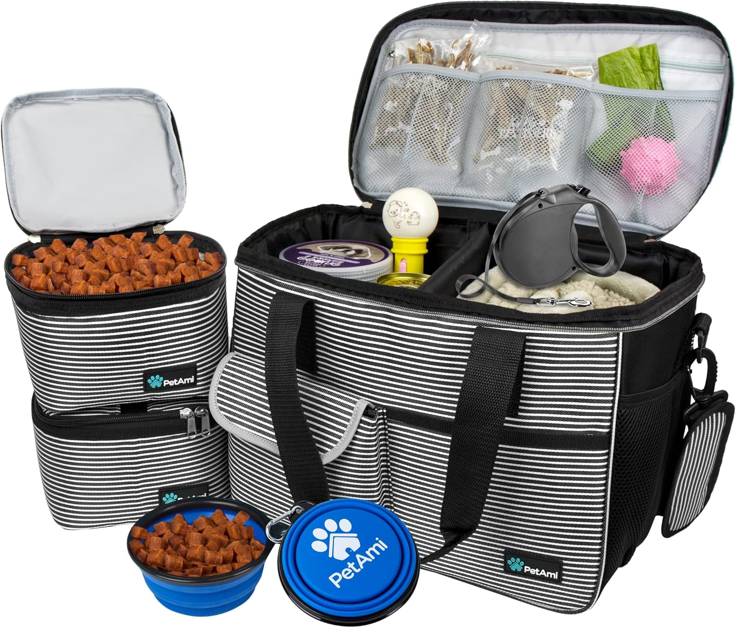 Dog Travel Bag Organizer, Pet Travel Kit with 2 Food Containers & 2 Collapsible Dog Bowls, Pet Supplies Tote with Luggage Sleeve, Weekend Road Trip Camping Essentials, Black, Medium