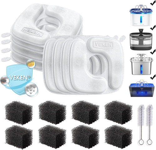 Cat Water Fountain Filters, 8 Pack Replacement Filters & 8 Pack Replacement Pre-Filter Sponges Set for 50Oz, 84Oz, 95Oz or 108Oz Automatic Pet Fountain Dog Water Dispenser