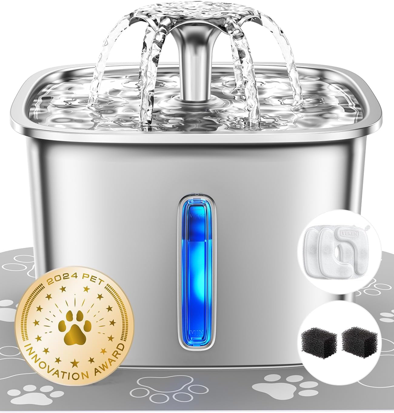 Innovation Award Winner Stainless Steel Cat Water Fountain, 108Oz/3.2L Automatic Pet Fountain Dog Water Dispenser with 3 Replacement Filters & Silicone Mat, Gifts for Cats, Dogs (Silver)