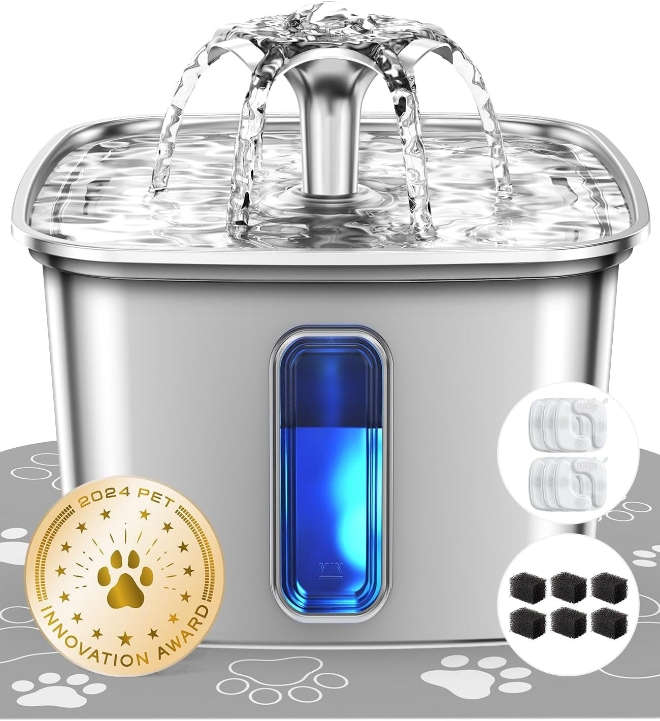 Innovation Award Winner Stainless Steel Cat Water Fountain, 108Oz/3.2L Automatic Pet Fountain Dog Water Dispenser with 3 Replacement Filters & Silicone Mat, Gifts for Cats, Dogs (Silver)