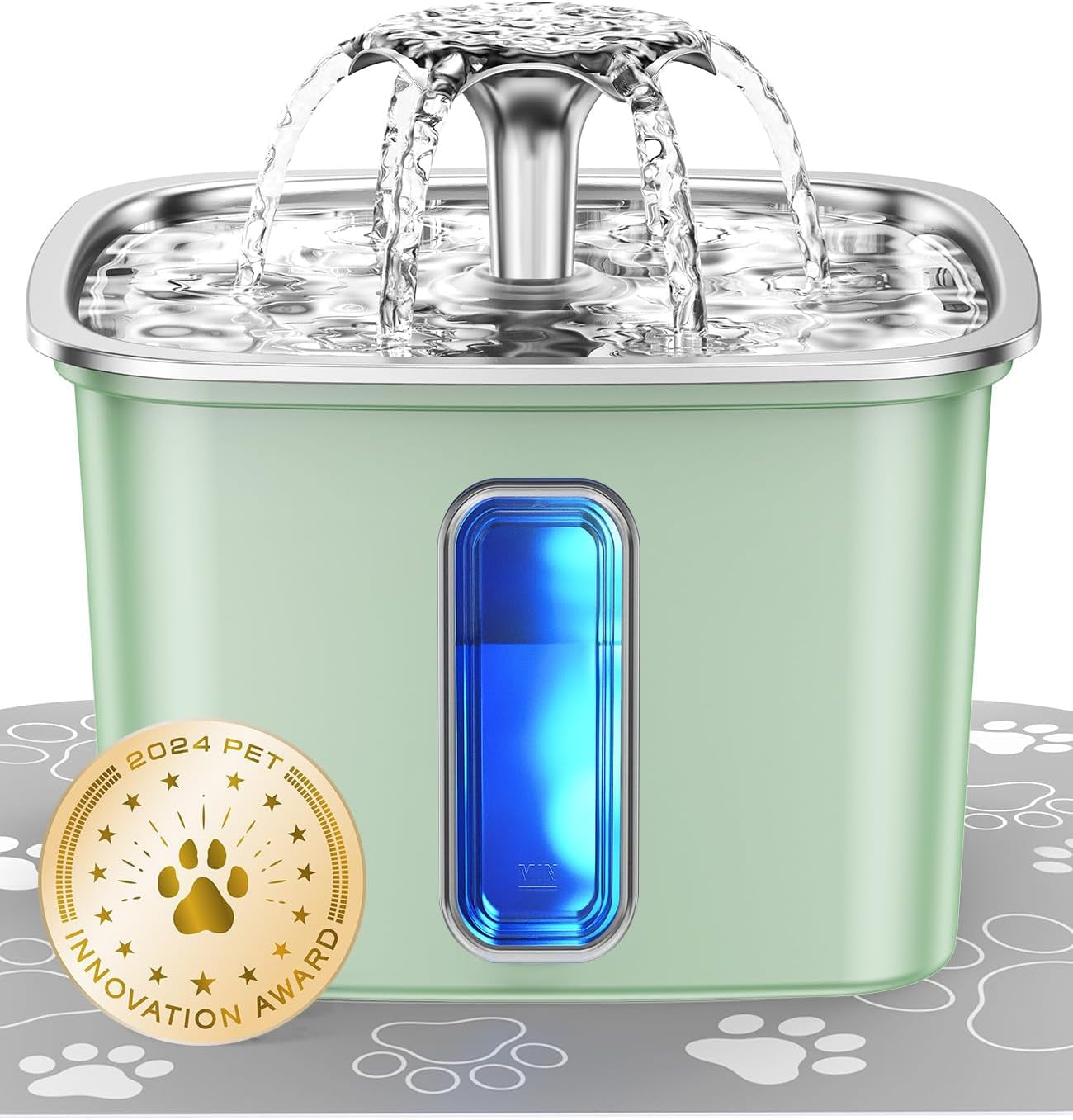 Innovation Award Winner Stainless Steel Cat Water Fountain, 108Oz/3.2L Automatic Pet Fountain Dog Water Dispenser with 3 Replacement Filters & Silicone Mat, Gifts for Cats, Dogs (Silver)