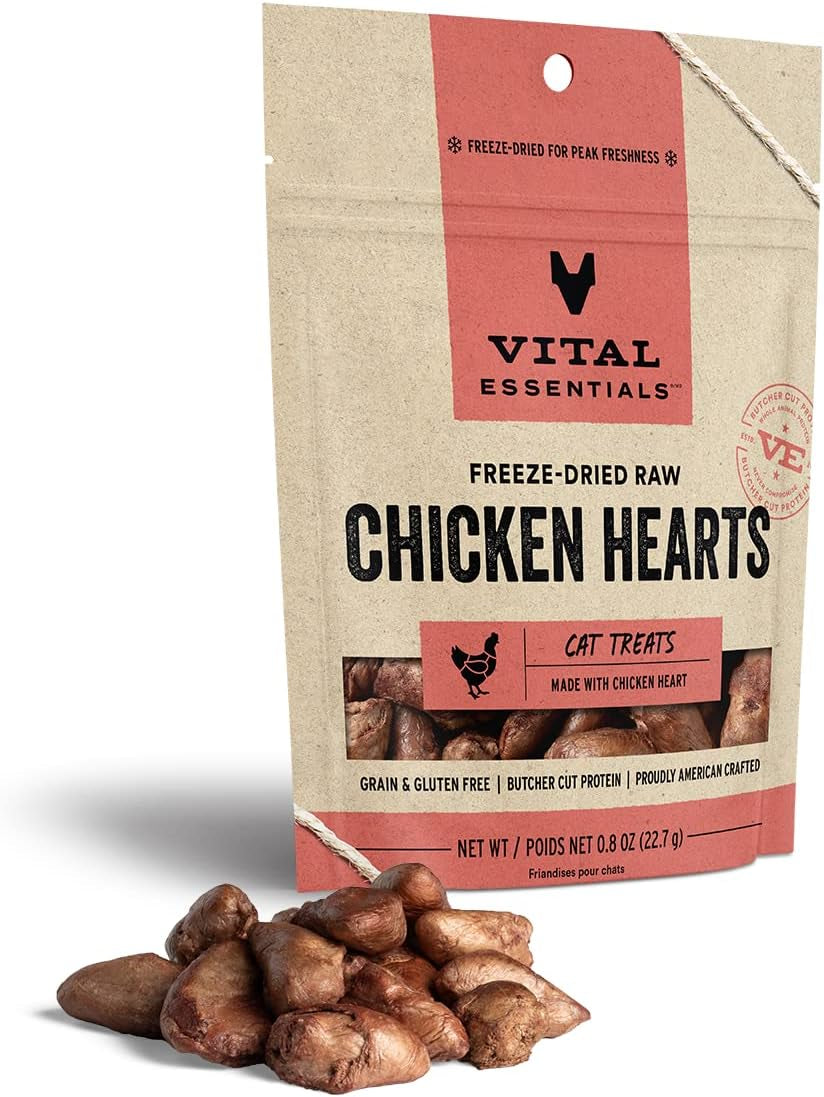 Freeze Dried Raw Chicken Hearts Cat Treats | Single Ingredient | Premium Quality | Grain Free, Healthy Treats for Cats, 0.8 Oz Bag