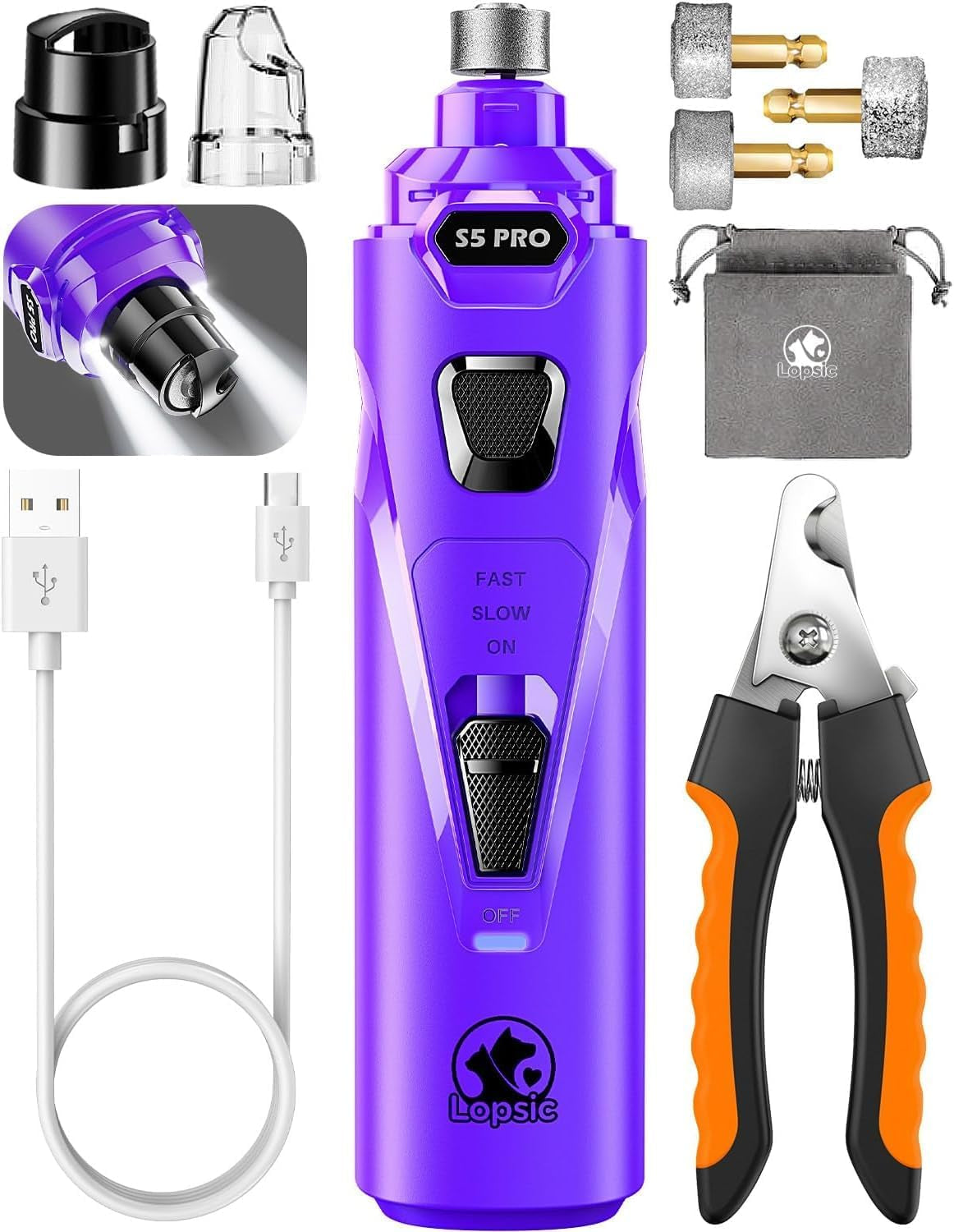 Whisper Quiet Dog Nail Grinder with 4 LED Lights, Safe & Stress-Free for Sensitive Dogs Cats of All Breeds & Sizes, 3 Grinding Bits, 3-Speed, Pet Nail Trimmers, Rechargeable Painless Grooming Kit