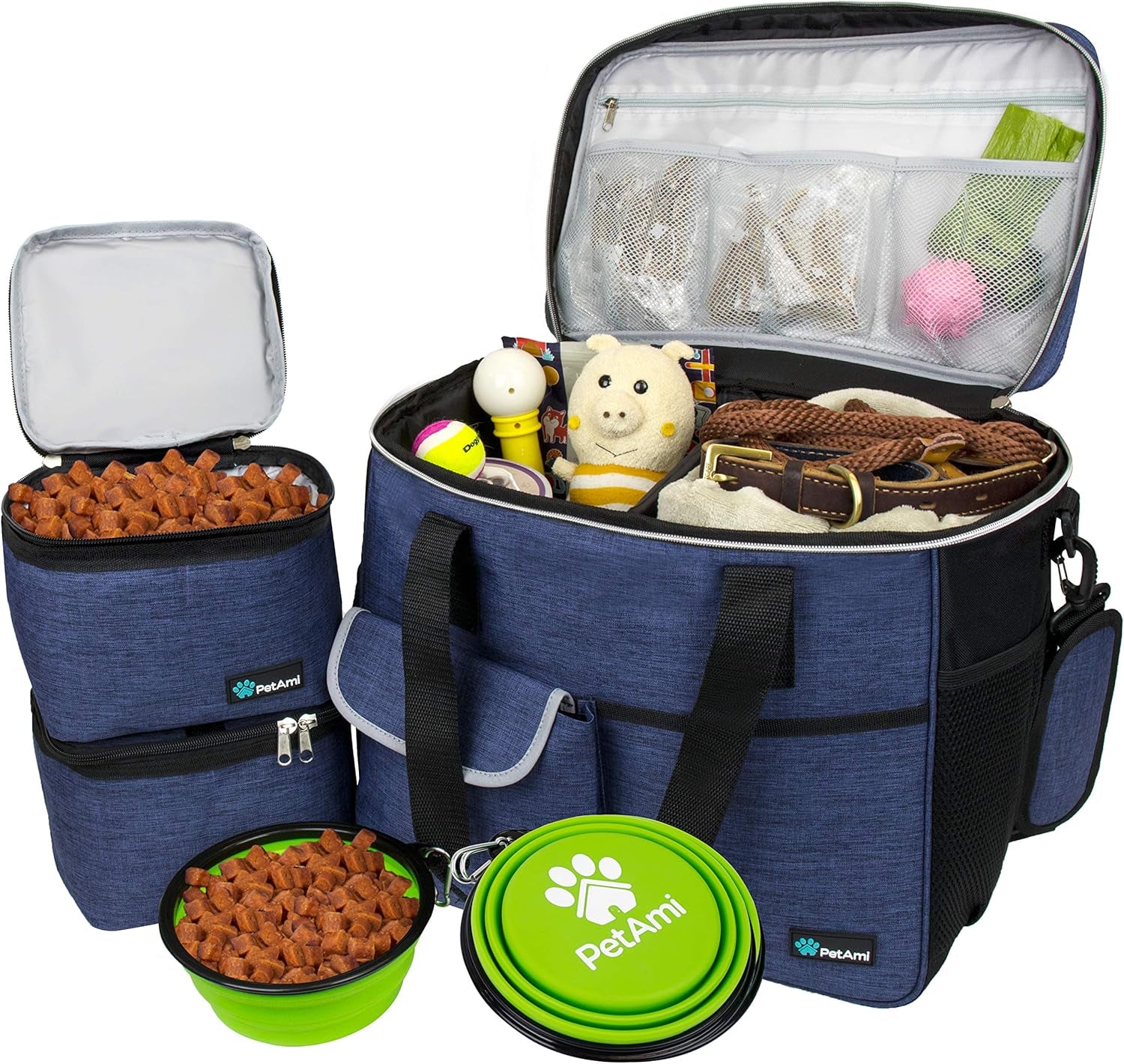 Dog Travel Bag Organizer, Pet Travel Kit with 2 Food Containers & 2 Collapsible Dog Bowls, Pet Supplies Tote with Luggage Sleeve, Weekend Road Trip Camping Essentials, Black, Medium