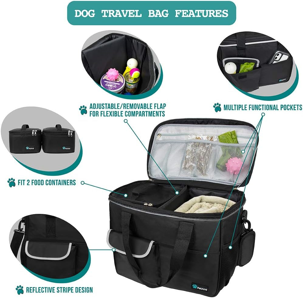 Dog Travel Bag Organizer, Pet Travel Kit with 2 Food Containers & 2 Collapsible Dog Bowls, Pet Supplies Tote with Luggage Sleeve, Weekend Road Trip Camping Essentials, Black, Medium