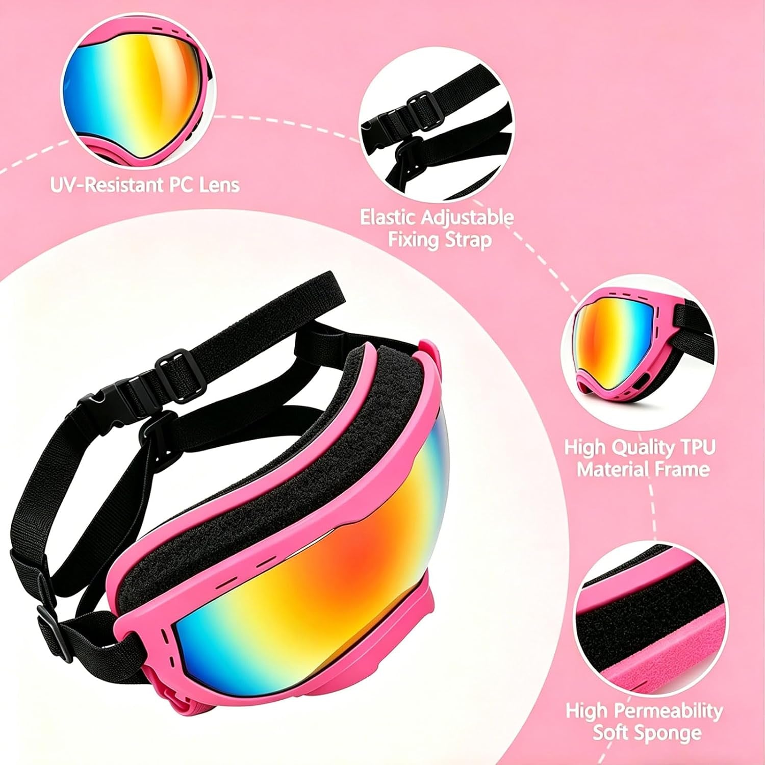 Dog Goggles for Medium to Large Breeds, UV Protection Dog Sunglasses with Colored PC Lens, Soft TPU Frame and Adjustable Straps, Windproof Dustproof Anti-Fog Pet Eyewear for Outdoor Activities (Pink)