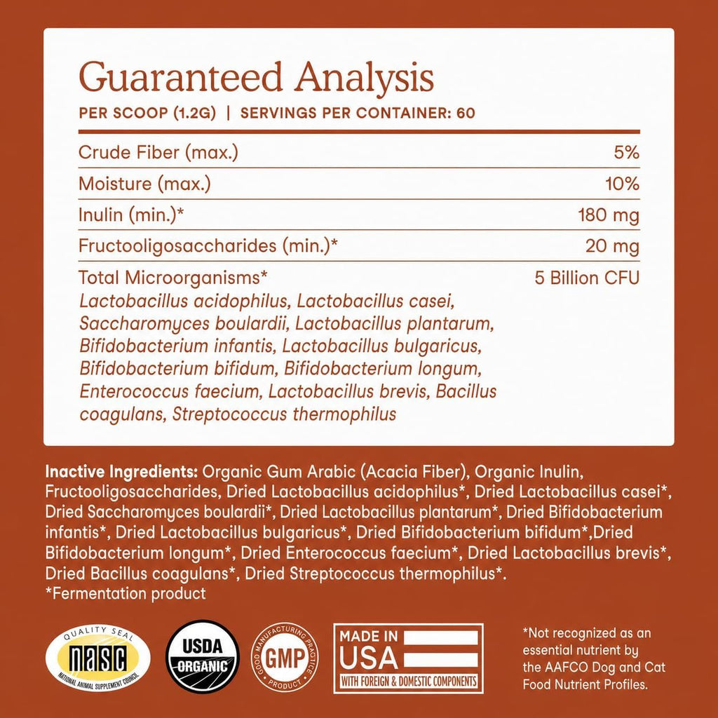Organic Probiotics for Dogs & Cats with Prebiotics, 60 Scoops | USDA Organic Gut Health Powder Supplement with 12 Strains and 5 Billion Cfus for Immunity, Energy and Skin & Coat Health